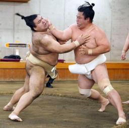 <p>　合同稽古で高安（左）と相撲を取る妙義龍＝両国国技館の相撲教習所</p>