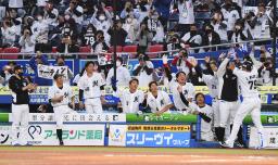 <p>　７回、同点ソロを放ったマーティン（右端）を迎えるロッテナイン＝ＺＯＺＯマリン</p>