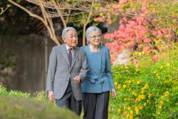 　仙洞仮御所を散策される上皇さまと上皇后美智子さま＝３月（宮内庁提供）
