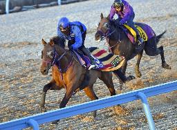 　有馬記念の最終追い切りで、横山武史騎手が騎乗して順調な仕上がりを披露するエフフォーリア（左）＝２２日、美浦トレーニングセンター