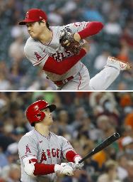　８月１８日のタイガース戦に先発登板して８勝目を挙げ、打者では４０号ソロを放ったエンゼルス・大谷。メジャーで自身初めて本塁打と勝ち星を同じ試合でマークした＝デトロイト（共同）