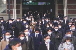 　仕事始めを迎え、マスク姿で通勤する人たち＝４日午前、ＪＲ東京駅前
