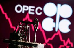 　３Ｄプリンター製模型の背後に表示された石油輸出国機構（ＯＰＥＣ）のロゴ＝２０２０年４月（ロイター＝共同）