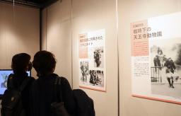 　企画展のパネルを見る来場者＝２０２１年１２月、大阪市中央区