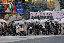 　雪が降る中、東京・渋谷のスクランブル交差点を歩きだす人たち＝６日午後４時８分