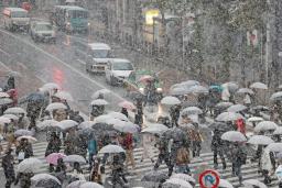 　雪が降る中、東京・渋谷のスクランブル交差点を行き交う人たち。日本列島の上空に冬の寒気が流れ込み、東京都心部でも積雪が観測された＝６日午後２時４９分