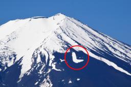 　富士山の山梨県側に現れた「農鳥」（円内）＝２日午前