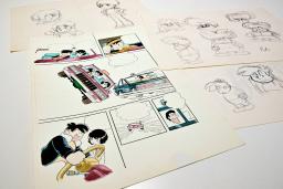 　「ドライブラー」のカラー原稿（手前）や、鉛筆描きのキャラクタースケッチ（（Ｃ）手塚プロダクション）