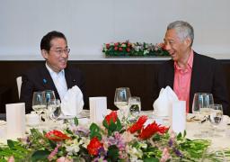 　ワーキングランチに臨むシンガポールのリー・シェンロン首相（右）と岸田首相＝５日、シンガポール（内閣広報室提供・共同）