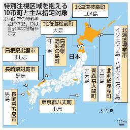 　特別注視区域を抱える１０市町と主な指定対象