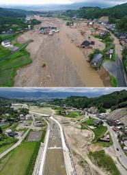 　２０１７年７月８日（上）と今年７月２日の赤谷川。国が行った河道掘削や護岸整備工事が完了した＝福岡県朝倉市（ドローンから）