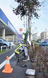 　東京都世田谷区のビッグモーター店舗付近で土壌調査をする作業員＝４日午後