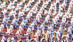 　第１０５回全国高校野球選手権大会の開会式で整列する各校ナイン＝６日午前、甲子園球場