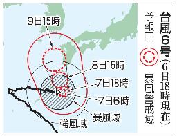 　台風６号の予想進路（６日１８時現在）