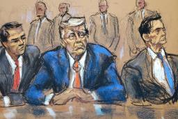 　３日、罪状認否手続きに臨むトランプ前米大統領の法廷イラスト＝ワシントンの連邦地裁（ロイター＝共同）