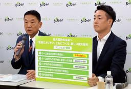 　記者会見で大阪府東大阪市長選に大阪維新の会からの出馬を表明した野田義和市長。右は維新幹事長の横山英幸大阪市長＝１８日午後、大阪市中央区