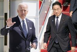 　１７日、ホワイトハウスを出るバイデン米大統領（ＡＰ＝共同）、米国に到着した岸田首相（共同）