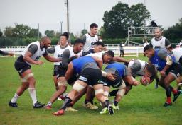 　練習するリーチ（左端）らラグビー日本代表の選手たち＝トレビーゾ（共同）