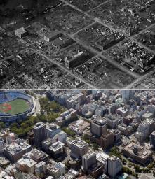 　関東大震災で壊滅的な被害を受けた横浜市中心部（上、元海軍将校・峰松巌氏の遺族提供）と現在。左上は横浜スタジアム、右下は神奈川県庁（８月、共同通信社ヘリから）