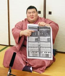 <p>　番付表を手に記者会見する新小結の熱海富士＝２４日、大阪市東成区</p>