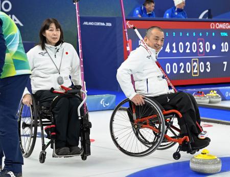 <p>　ラトビアに敗れて１次リーグ敗退が決まった小川亜希（左）、中島洋治組＝コルティナダンペッツォ（共同）</p>