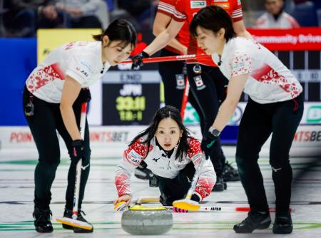 <p>　カナダ戦でショットを放つロコ・ソラーレの藤沢五月（中央）＝カルガリー（カナディアンプレス提供・ＡＰ＝共同）</p>