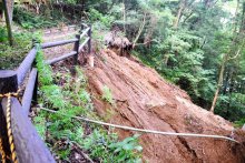 天然記念物の森で土砂崩れ　大雨が史跡にも爪痕　睦沢・妙楽寺　水道管破損で住職困窮　台風１３号