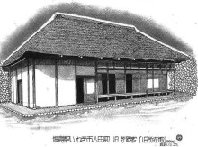 百日草の群生した庭　仲夏の民家　絵・文　道塚元嘉　【民家の四季】