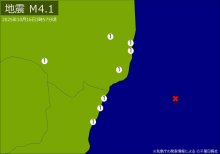 関東・東北で地震　Ｍ４．１　震源は茨城県沖　地震が及んだ地域人口６０万人