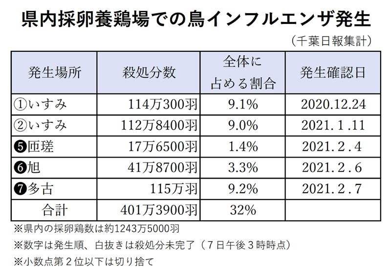 多古で鳥インフル、１１５万羽殺処分へ 　県内７例目、森田知事「緊急事態」　処分累計、県内産卵鶏３割に