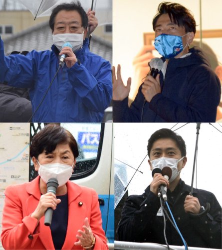 ＪＲ津田沼駅前で演説する自民党の小泉前環境相＝１７日夕、船橋市（右上）、スーパーの前で街頭演説する立県民主党の野田最高顧問＝１７日、銚子市内（左上）、新鎌ケ谷駅前で演説する日本維新の会の吉村副代表＝１７日、鎌ケ谷市（右下）、ＪＲ市川駅前で演説する社民党の福島党首＝１７日、市川市（左下）