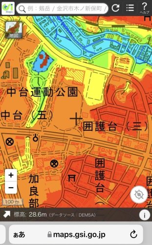 地理院地図で作成した色別標高図（成田国際高校周辺）
