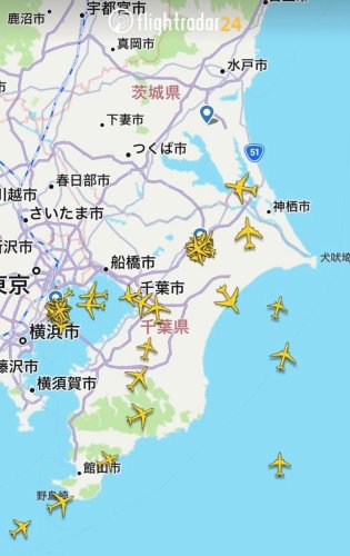「Ｆｌｉｇｈｔｒａｄａｒ２４」による「千葉県上空を飛ぶ機体」（２０２２年５月４日２１：１１の情報）
