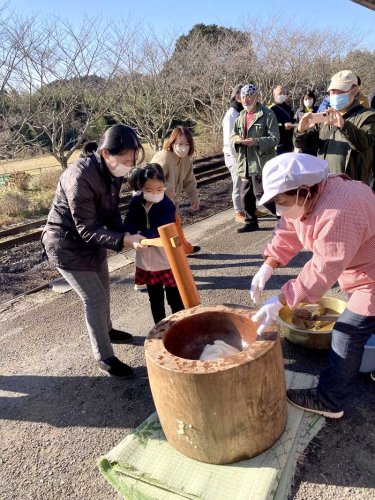 勢いよく餅をつく来場者＝２日、いすみ市