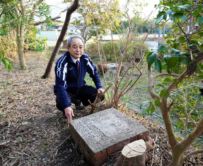 きれいになった生け垣からタイムカプセルを見つけた田中校長＝大多喜小