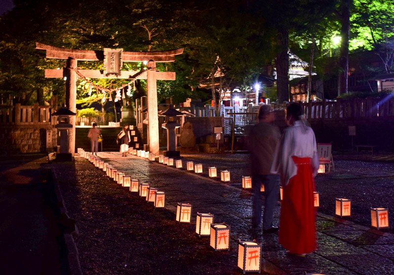 参道をともす行灯。氏子らが願い事を書いて奉納した＝１４日夜、一宮町の玉前神社