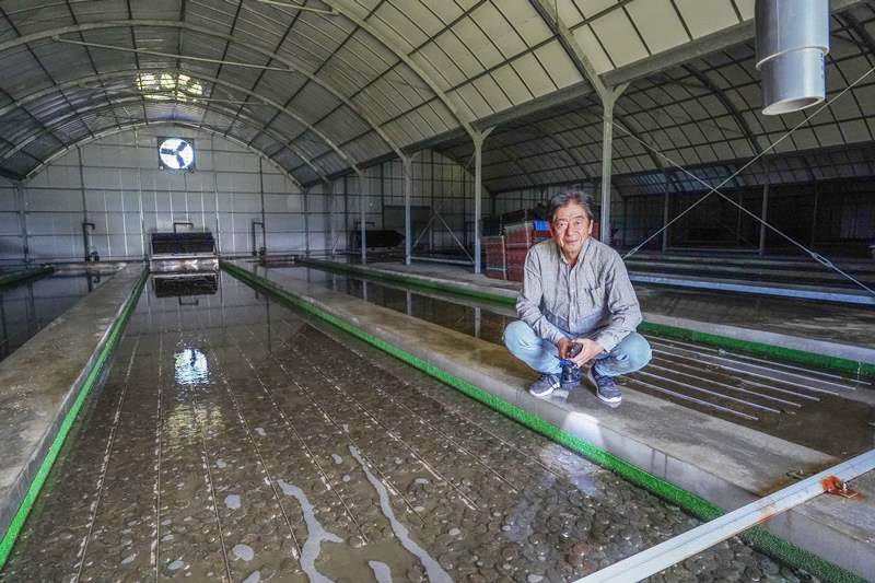 長さ２０メートル、水深２センチの水槽が並ぶアワビ養殖場と小山代表＝いすみ市深堀