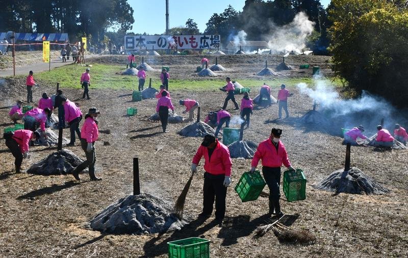 ４年ぶりに開催された「栗源のふるさといも祭」。焼き芋の会場で準備するスタッフら＝１１月１９日、香取市
