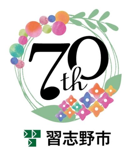 市の木「アカシア」と市の花「あじさい」を組み合わせ、「７」の数字を音符に見立てた記念ロゴ（習志野市提供）
