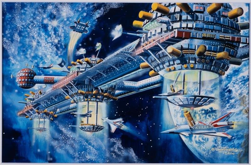 「宇宙コロニーII」１９８０年（「小松崎茂ＯＮＬＩＮＥ美術館」提供）
