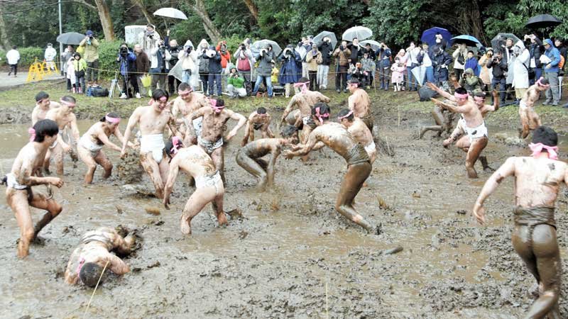 泥と格闘、和良比はだか祭り　雨の中、寒さ吹き飛ばす熱気　４年ぶり、四街道