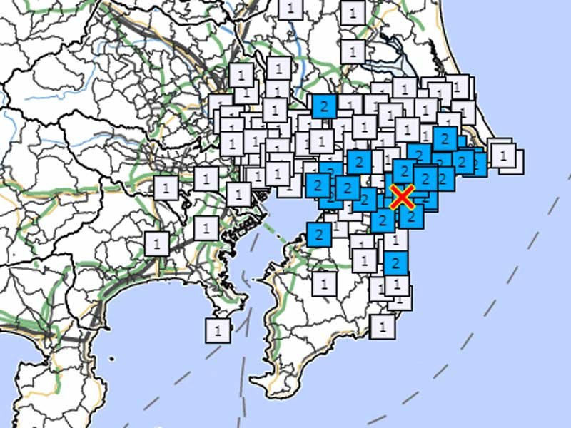 ２７日午前６時６分ごろに発生した地震の震度分布（気象庁ホームページより）