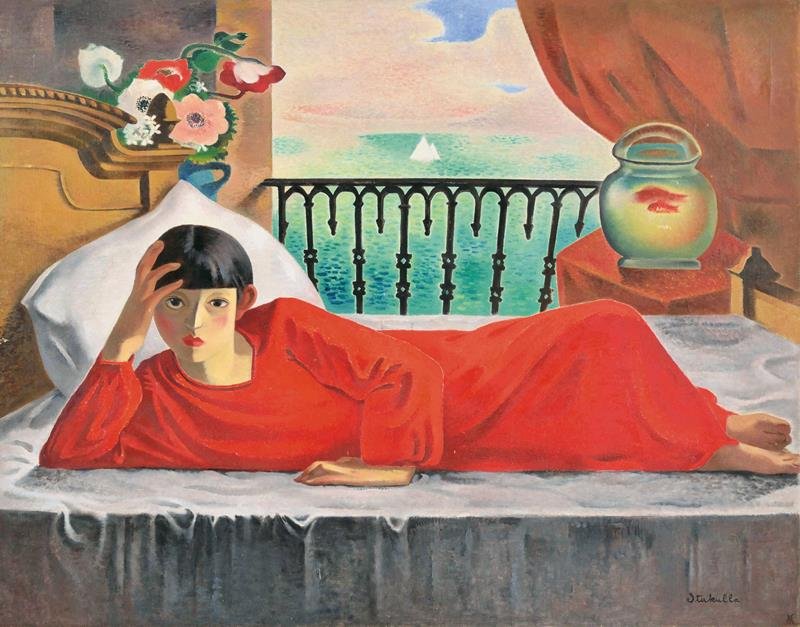 板倉鼎「休む赤衣の女」１９２９年頃　油彩、カンヴァス　個人蔵（松戸市教育委員会寄託）
