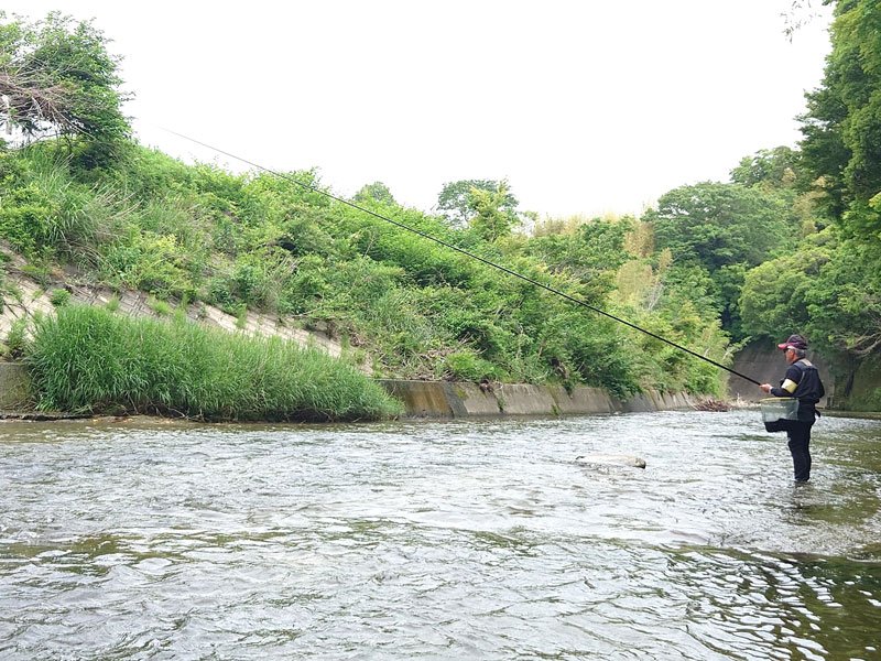 アユ釣り解禁を前に、試し釣りを行った養老川漁協関係者＝２２日、市原市国本の養老川