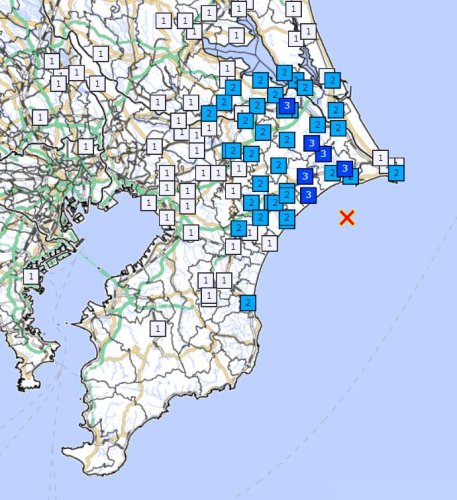 ６日午前９時３分ごろに発生した地震の震度分布（気象庁ホームページより）