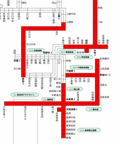 １６日以降に通行止めとなる可能性の高い千葉県内の高速道路・有料道路区間（赤色の部分、ネクスコ東日本の資料より）