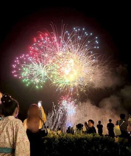 勢いよく打ち上がる大輪の花火を楽しむ観客＝館山市