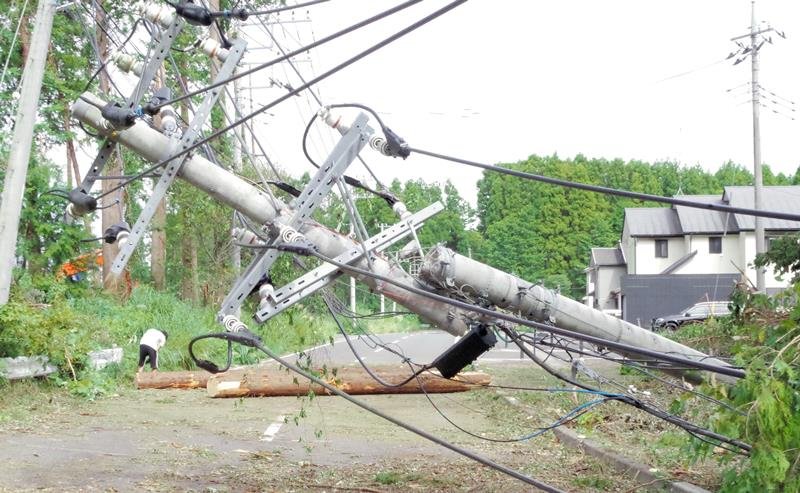 房総半島台風の強風で道路に倒れた電柱や樹木＝２０１９年９月１５日、山武市埴谷
