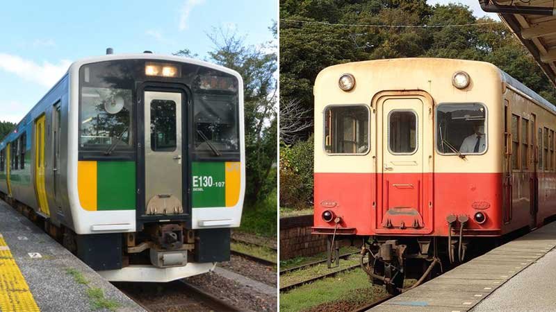 （左から）ＪＲ久留里線の列車、小湊鉄道の列車
