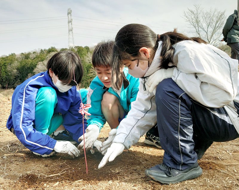 植樹式でイロハモミジを植える三和中の生徒たち＝市原市
